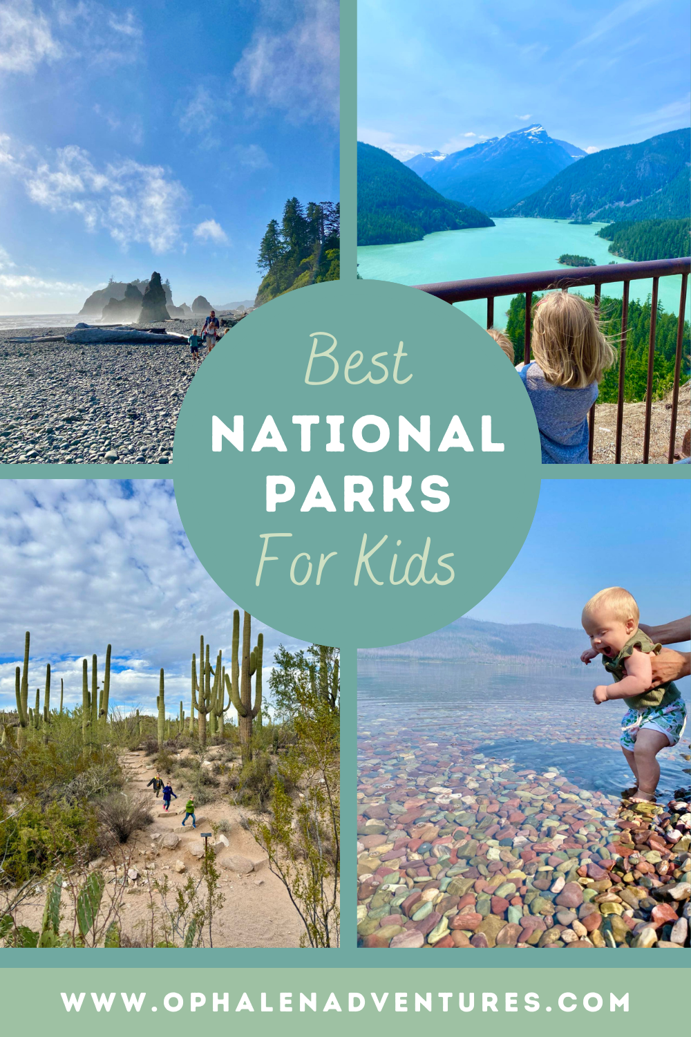 Best national parks for kids, 4 national parks shown are Olympic, Cascades, Saguaro, and Glacier | O'Phalen Adventures