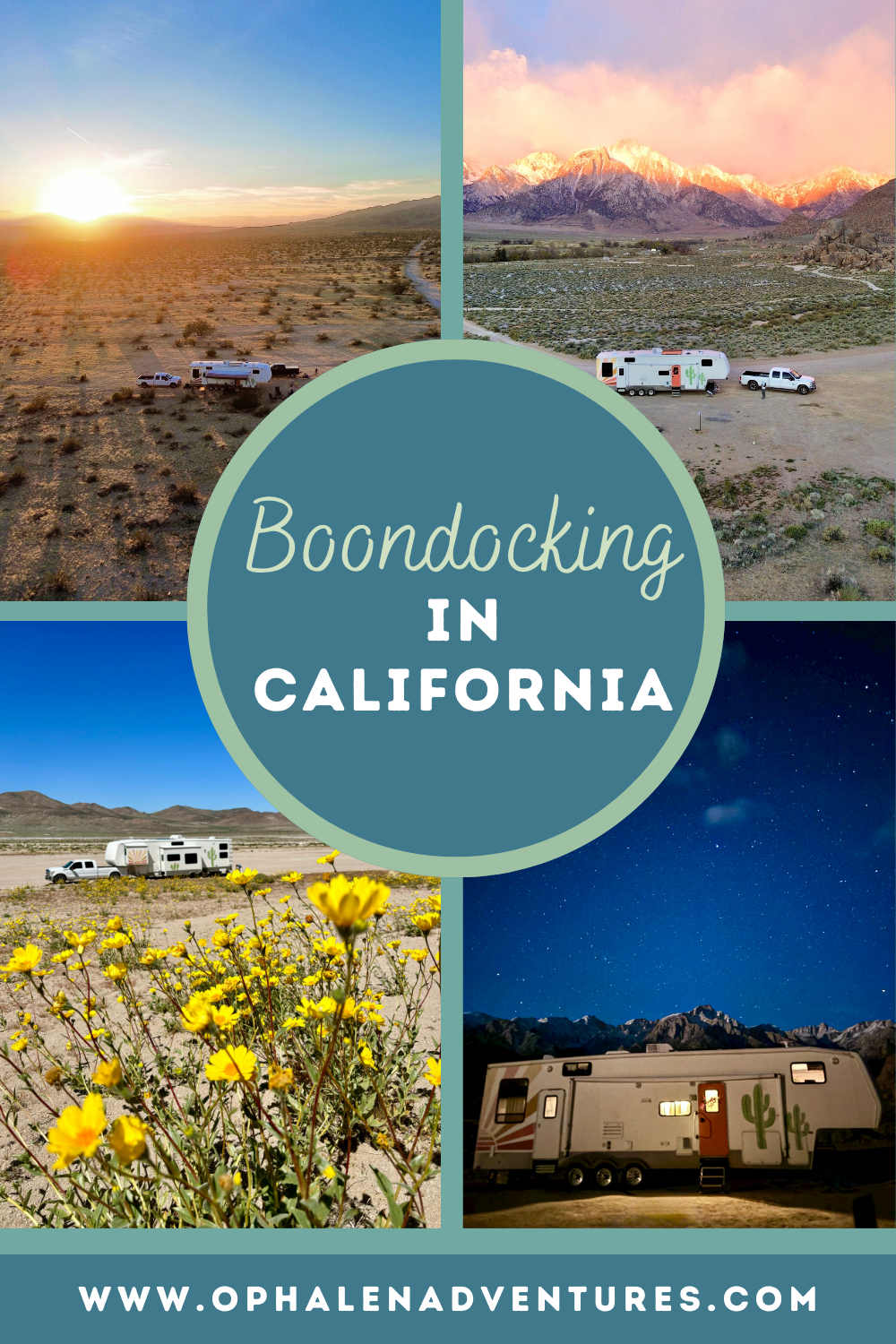 Boondocking in California, RV parked in different California locations | O'Phalen Adventures