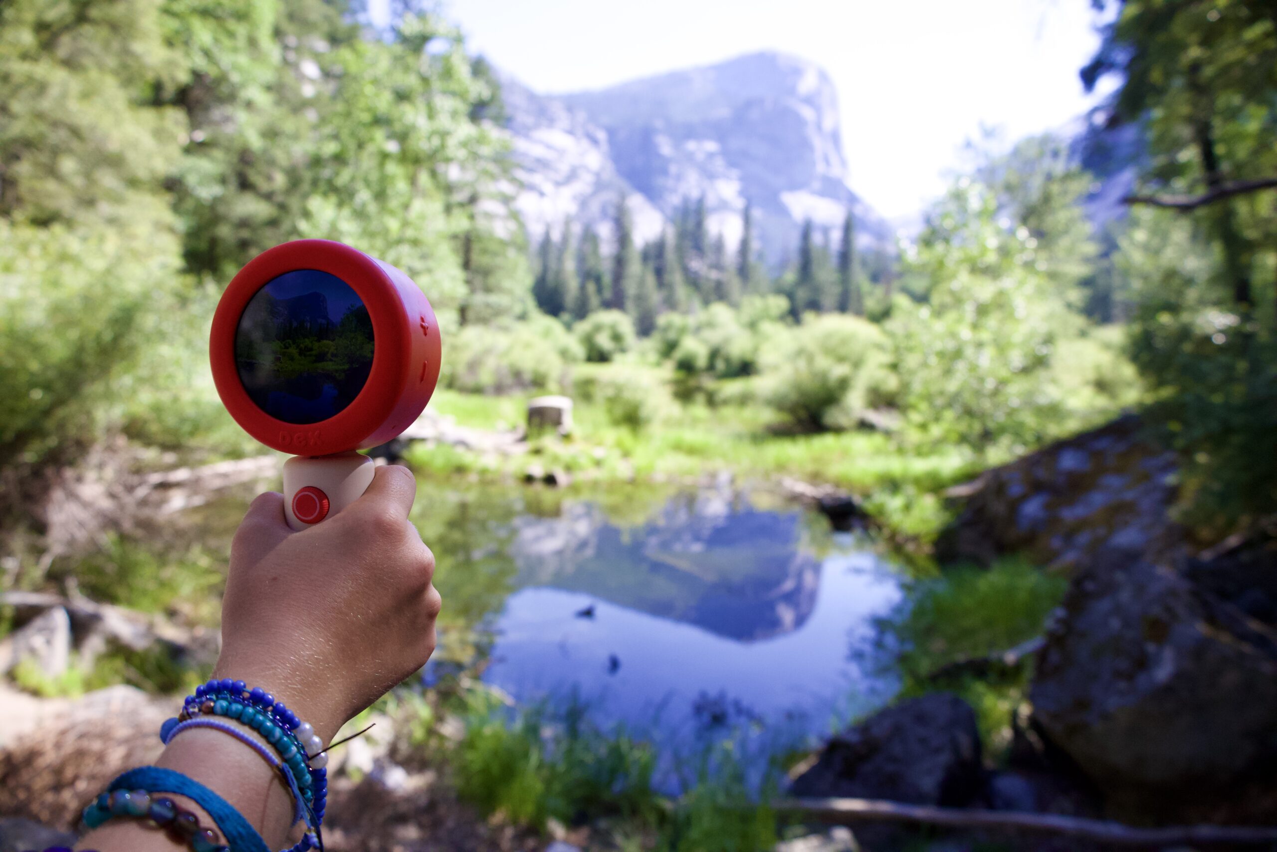 Child's hand holding a Dex Camera in Yosemite National Park, practicing second language acquisition | O'Phalen Adventures